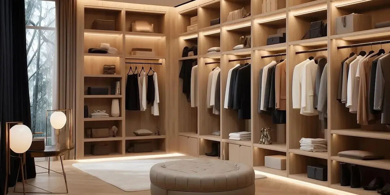 Elegancka garderoba z markami premium ubrania, wyeksponowanymi na półkach i wieszakach.