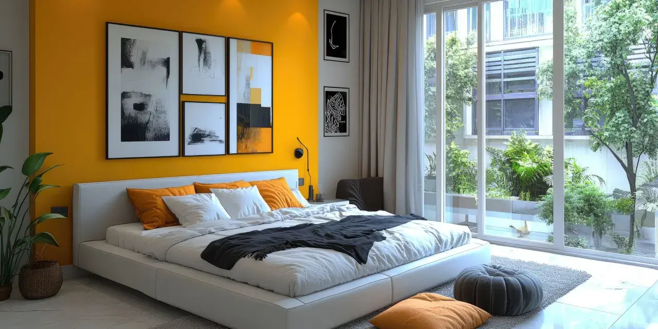 Camera da letto moderna con parete gialla e quadri astratti sopra il letto. Un esempio di come disporre i quadri in camera da letto per un effetto d'impatto.