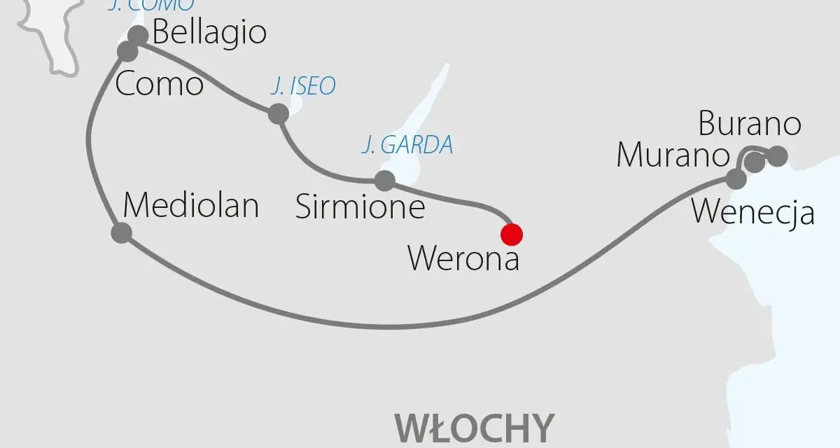 Trasa z Mediolanu przez jezioro Garda do Werony, a dalej do Wenecji i jej wysp.