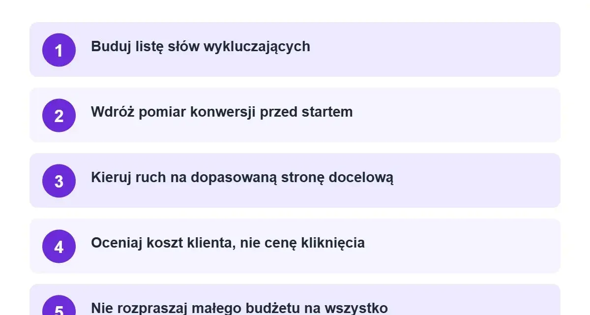 Jak efektywnie zarządzać budżetem w kampaniach Google Ads: lista słów wykluczających, pomiar konwersji, strona docelowa, koszt klienta i skupienie budżetu.