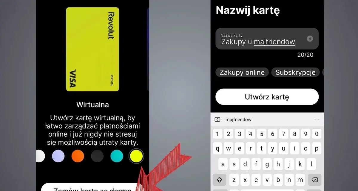 Jak aktywować kartę Revolut: wybierz kolor, nazwij kartę "Zakupy u majfriendow" i utwórz ją.