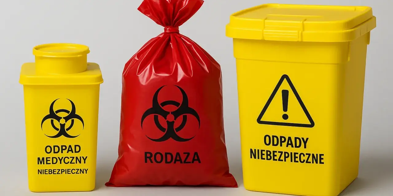 Żółte pojemniki i czerwony worek z symbolem biohazard. Oznaczenia wskazują na kod odpadów medycznych 18 01 03.