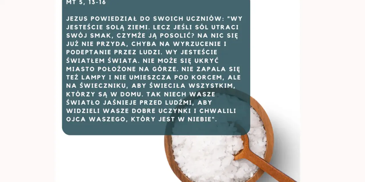 Wy jesteście solą ziemi" – cytat z Ewangelii wg św. Mateusza, ilustrowany miską pełną soli i drewnianą łyżką.