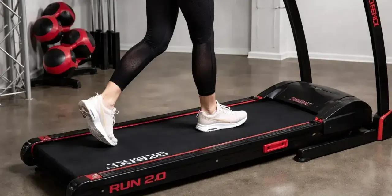 Person springer intervaller på löpbandet "RUN 2.0". Träningsredskap i bakgrunden.