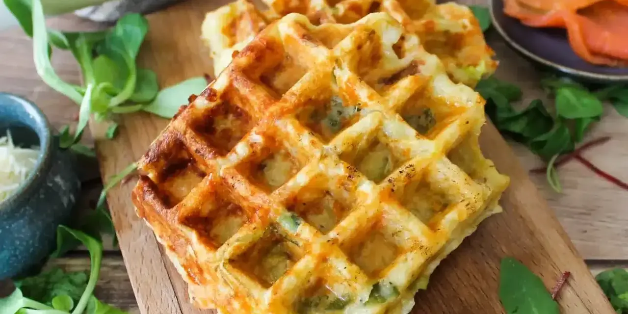 Gaufres salées dorées, garnies de poireaux et fromage, prêtes à être dégustées. Une recette facile pour un repas savoureux.