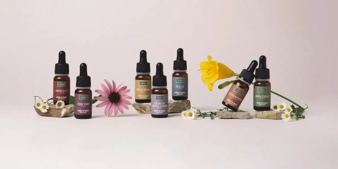 Flaconi di Fiori di Bach, tra cui Mimulus e Chicory, con fiori. Informazioni su rescue remedy controindicazioni.