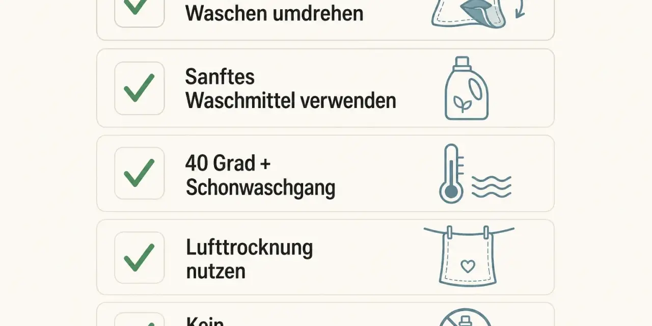 Pflegehinweise: Kleidung umdrehen, sanftes Waschmittel, 40 Grad im Schonwaschgang, lufttrocknen, kein Weichspüler.