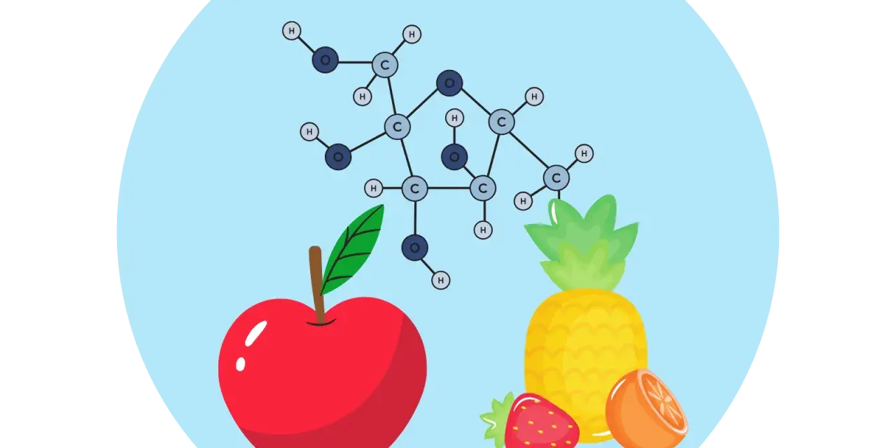 Struktura chemiczna fruktozy i owoce (jabłko, ananas, truskawka, pomarańcza) - czy fruktoza jest zdrowa?