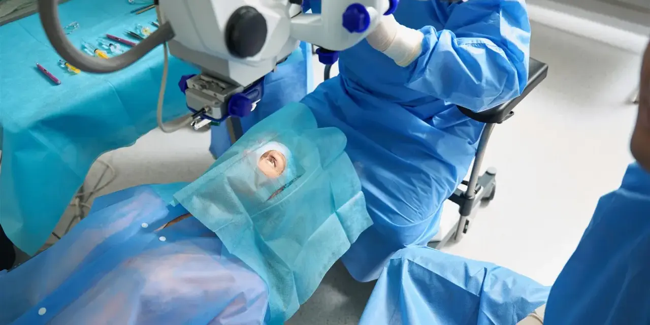 In sala operatoria, un occhio è pronto per l'intervento di cataratta. La durata dell'intervento è breve, circa 15-30 minuti per occhio.