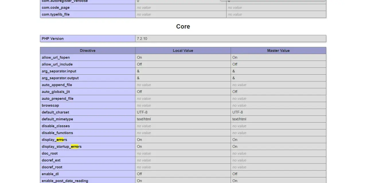 PHP-Konfiguration zeigt den Pfad zur error_log-Datei. Die Einstellung für error_log ist c:/wamp64/logs/php_error.log.