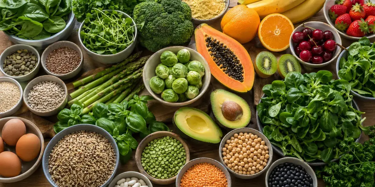 Assortiment de fruits et légumes frais, œufs, graines et légumineuses. Un festin coloré qui met en avant le bienfait de l'acide folique pour la santé.