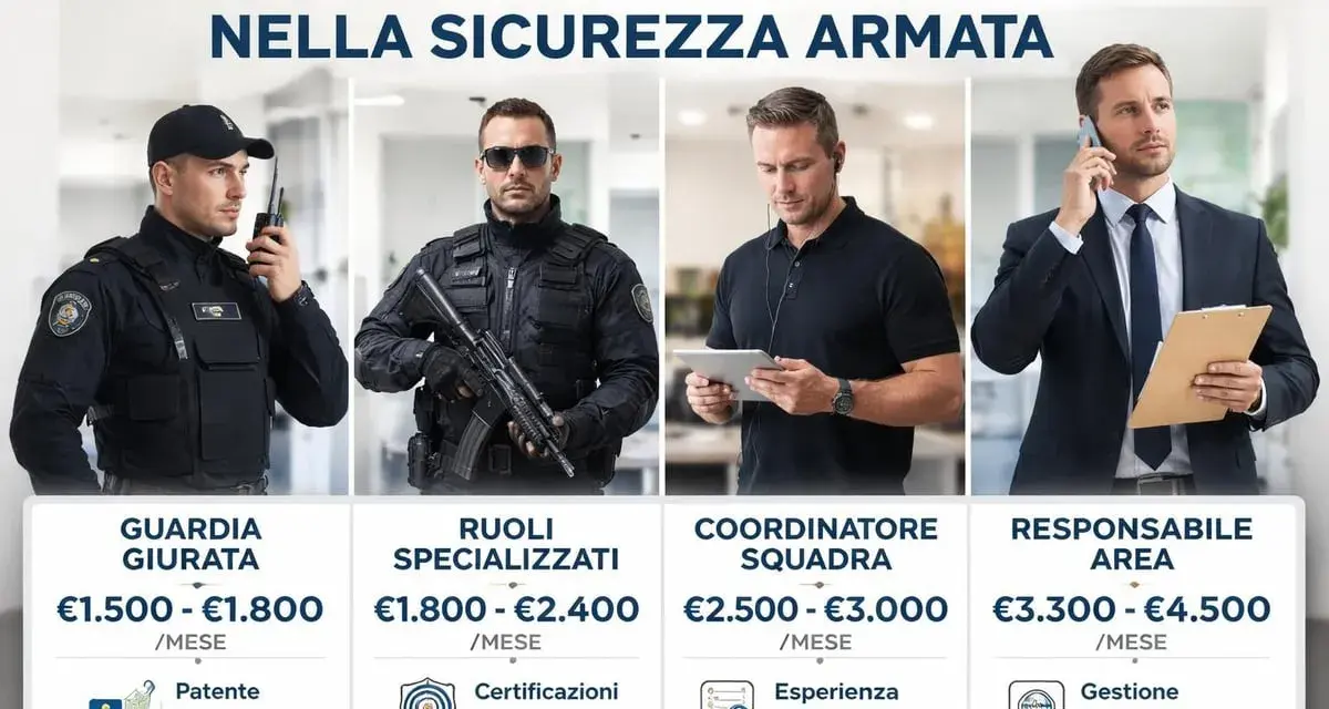 Quanto guadagna una guardia giurata? Da €1.500 a €1.800 al mese, con progressione di carriera.
