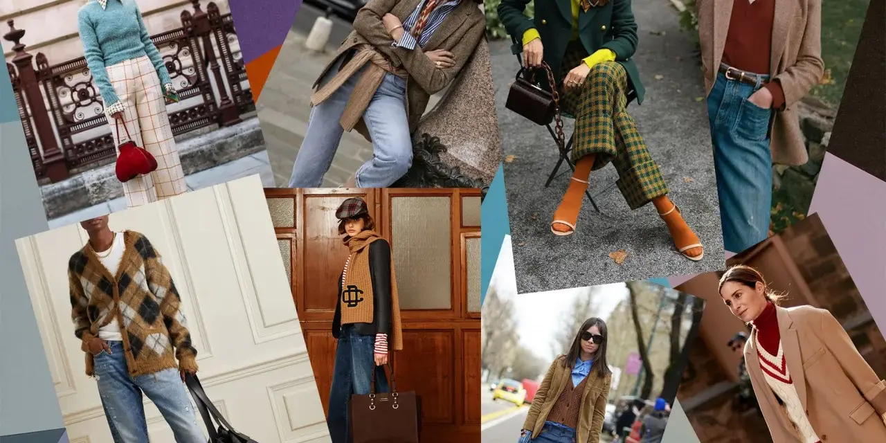 Modelli con giacche, maglioni a rombi e pantaloni a quadri, un look che evoca lo **stile collegiale** con un tocco moderno.