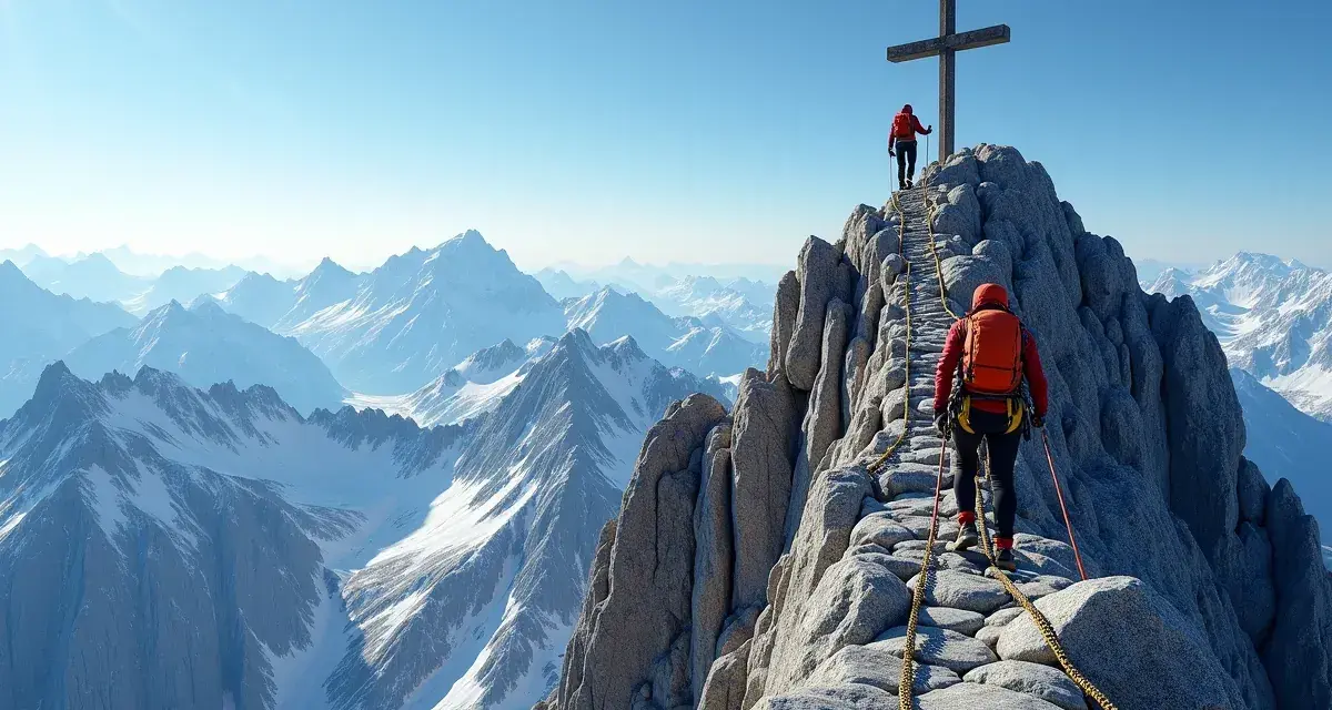 Wielki Giewont wita wspinaczy. Dwóch turystów pokonuje skalną grań z liną asekuracyjną, zmierzając ku szczytowi z krzyżem.