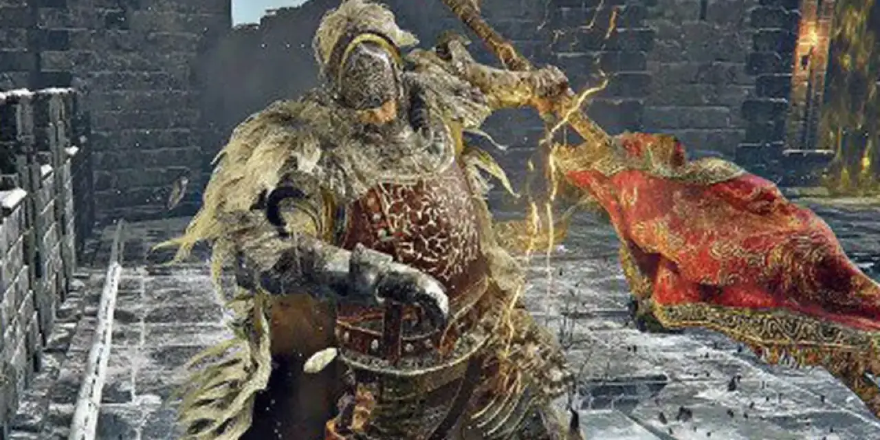 Comandante Niall de Elden Ring, con armadura pesada y una bandera roja ondeando.