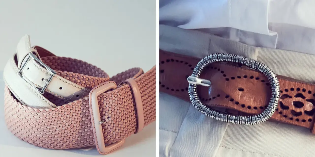 Cinture con diversi tipi di fibbia: una in pelle bianca con fibbia metallica, una rosa intrecciata con fibbia in resina e una marrone con fibbia ovale decorata.