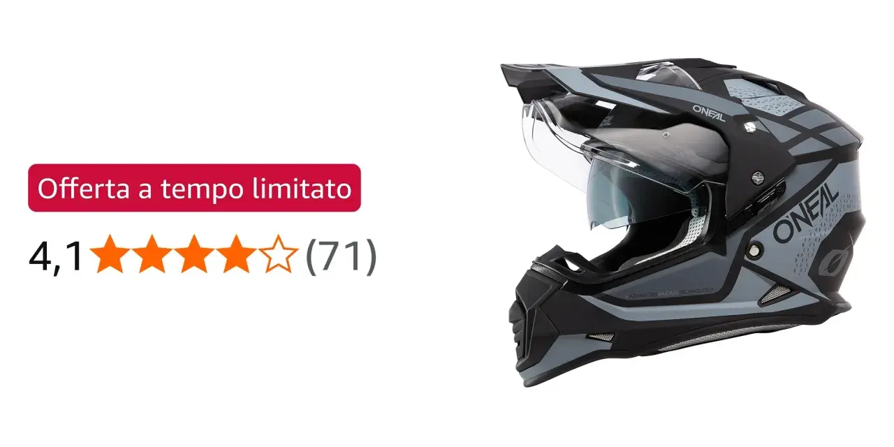 Casco O'Neal Sierra grigio e nero, con visiera trasparente e grafica moderna. Ideale per avventure off-road.