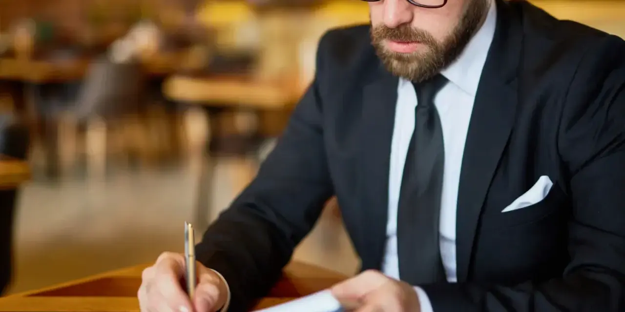 Mężczyzna w garniturze i okularach pisze w notatniku. Dowiaduje się, jak zostać komornikiem, studiując dokumenty.