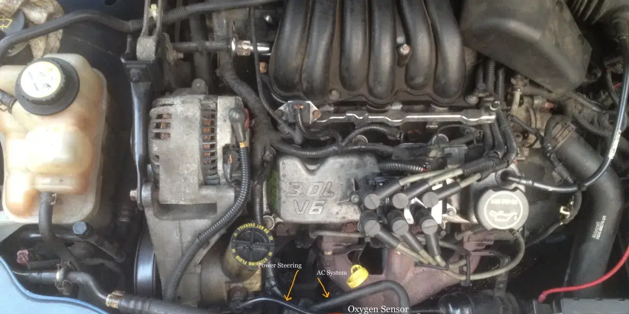 Ford engine bay with labels pointing to the oxygen sensor, AC system, and power steering. This might be related to a p1151 code.