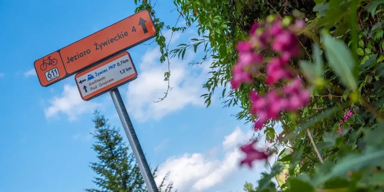 Znaki wskazują trasy rowerowe w Żywcu: Jezioro Żywieckie, Amfiteatr i dworzec PKP.