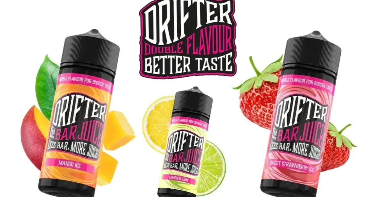 Tres botellas de jugos Drifter con sabores frutales: Mango Ice, Lemon & Lime y Sweet Strawberry Ice. ¡Disfruta de los sabores Drifter!
