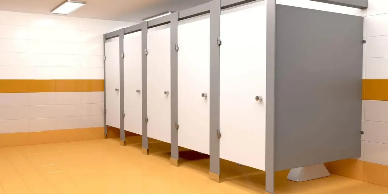 Czyste, nowoczesne kabiny toalety w placówce edukacyjnej, zapewniające dbałość o bezpieczne i higieniczne warunki nauki wychowania i opieki.