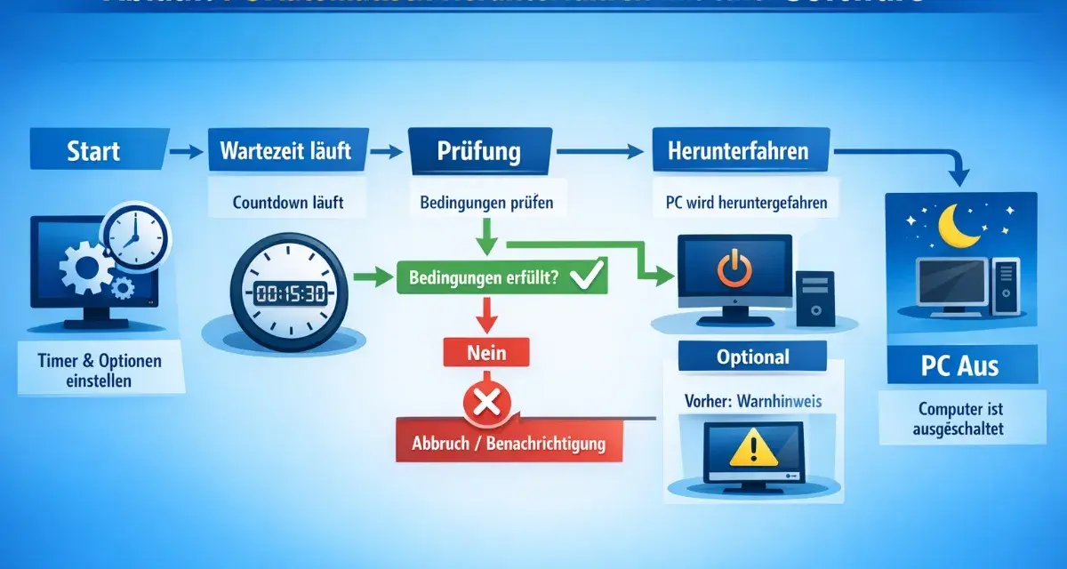 Ablauf eines **windows shutdown timer**: Start, Wartezeit, Prüfung, Herunterfahren, PC Aus. Countdown läuft, Bedingungen prüfen, optional Warnhinweis.