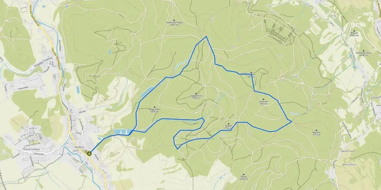 Mapa turystyczna **parku krajobrazowego Gór Sowich** z zaznaczoną trasą pieszą. Widoczne szczyty, drogi i zabudowania.