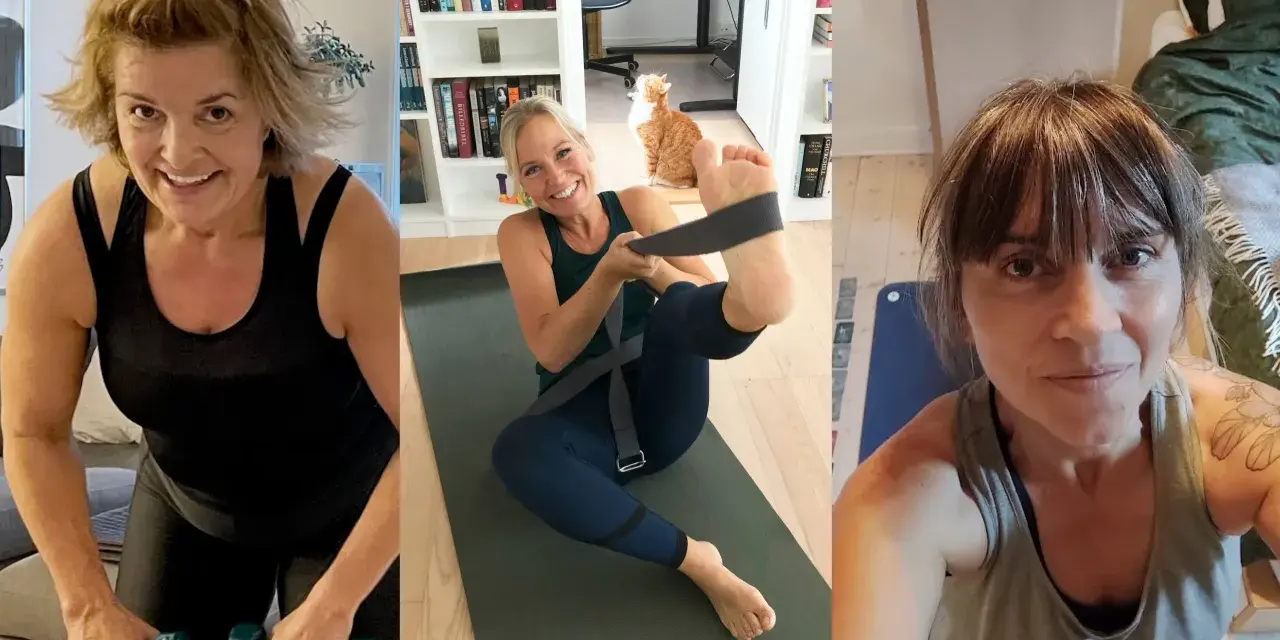 Tre kvinnor tränar hemma. En lyfter vikter, en annan gör yoga med ett band, och den tredje är nära. Kbt på egen hand kan vara en del av en hälsosam livsstil.