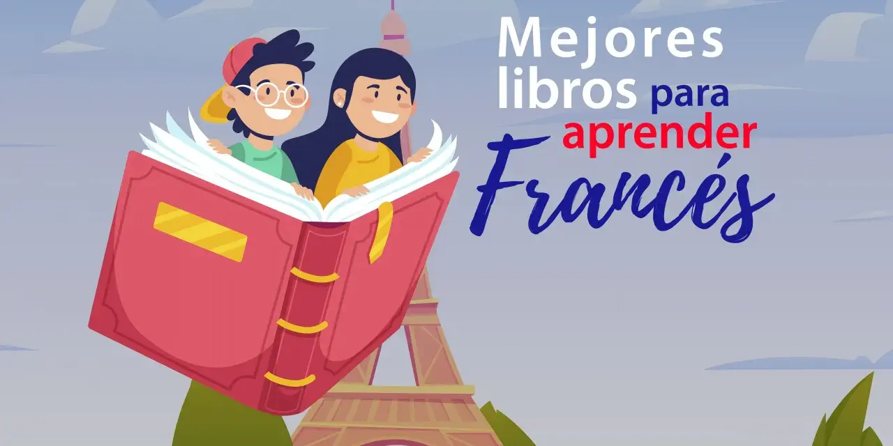 Dos niños sonríen leyendo un libro abierto sobre París. Descubre los mejores libros para aprender francés y emprender tu aventura lingüística.