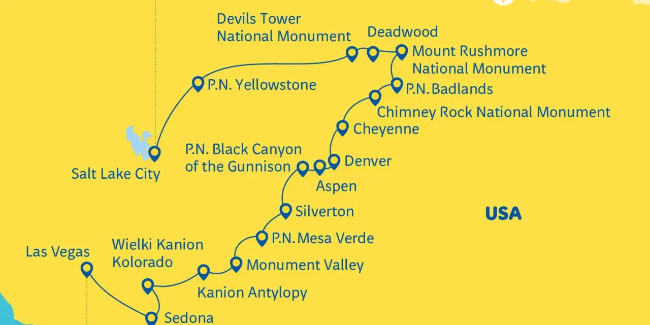 Mapa USA z trasą przez parki narodowe: Yellowstone, Badlands, Mount Rushmore, Wielki Kanion Kolorado, Mesa Verde i inne.