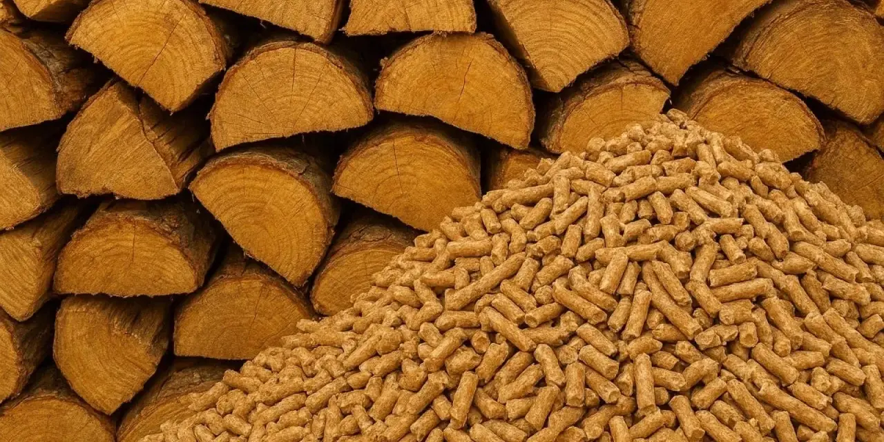 Bûches de bois empilées à côté d'une montagne de granulés, deux formes de biomasse offrant un excellent pouvoir calorifique pour le chauffage.
