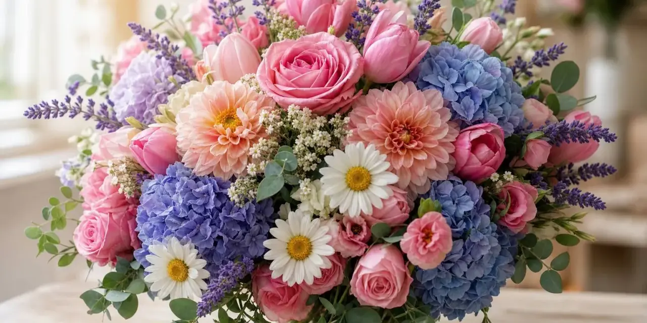 Un ramo vibrante con rosas, tulipanes, hortensias y lavanda, ideal para descubrir tipos de flores para regalar.