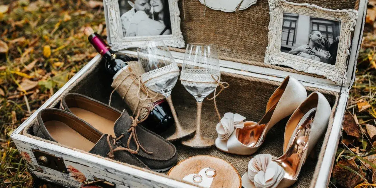 Elegancki prezent na ślub cywilny bez wesela: buty, wino, kieliszki, obrączki i zdjęcia pary w ozdobnej skrzyni.