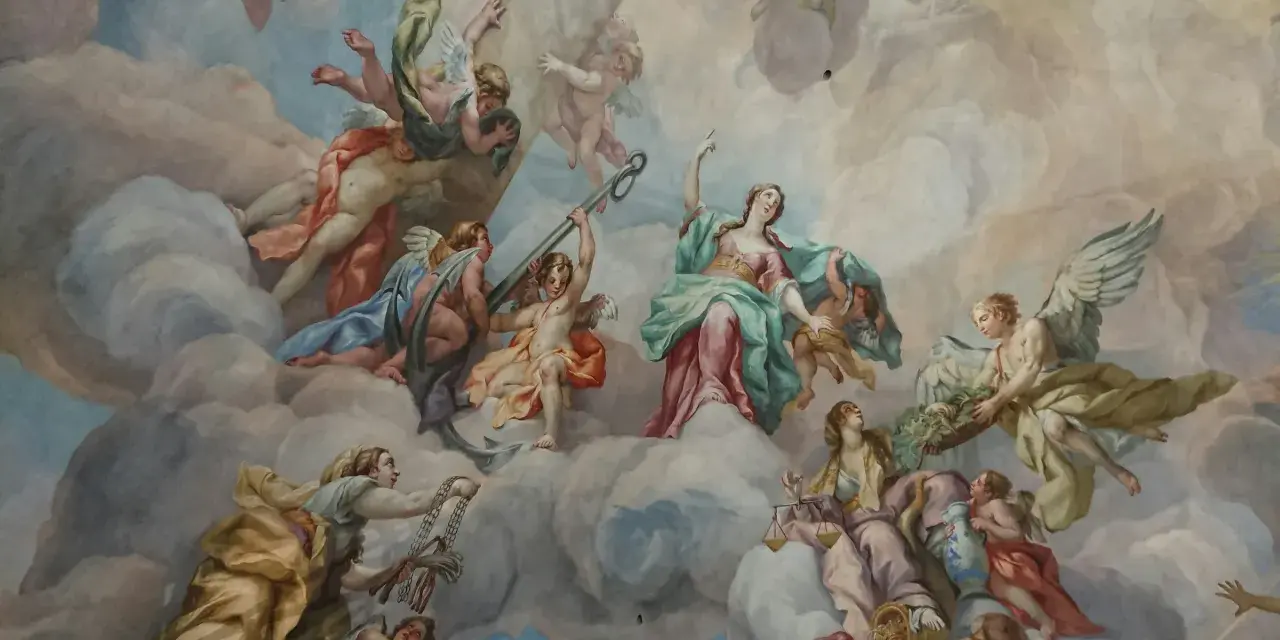 Deckenmalerei mit vielen geflügelten Figuren, die durch Wolken schweben. Eine Frau mit Waage wirkt wie ein engel auf erden.