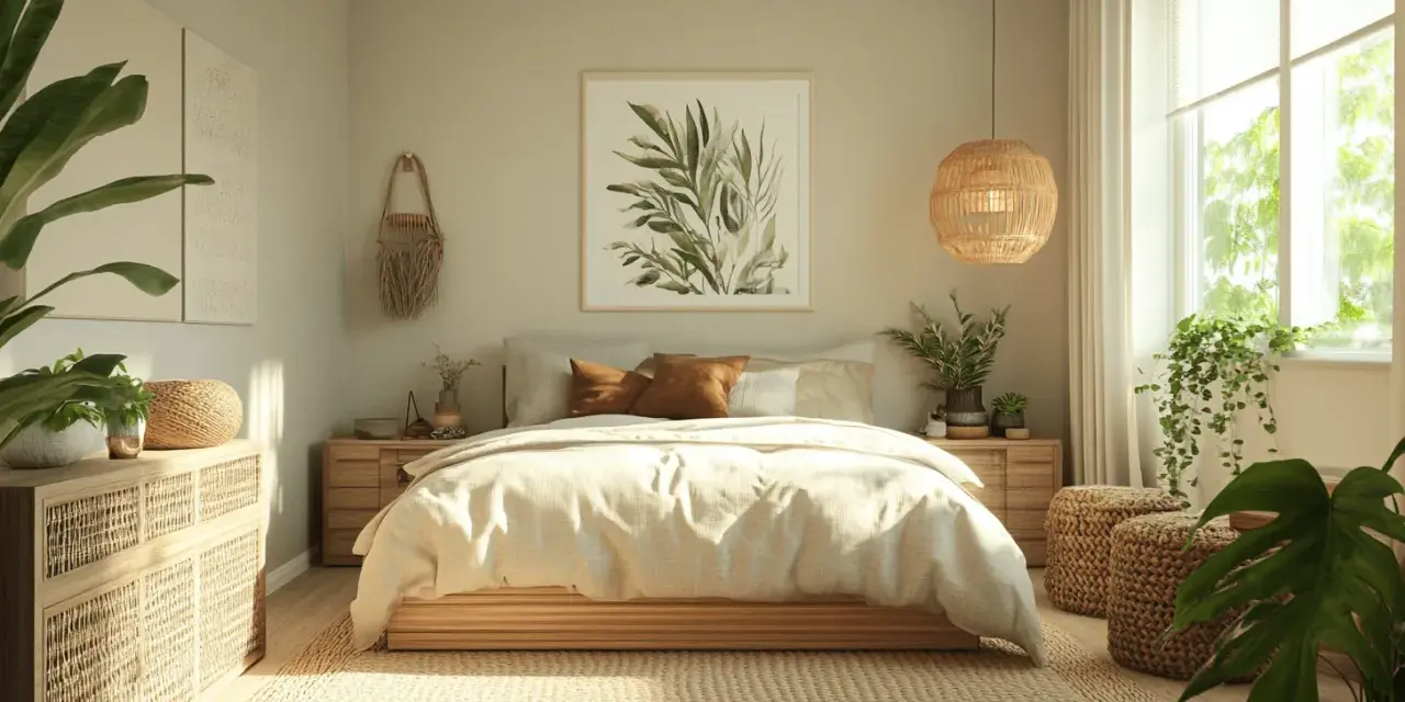 Helles, natürliches Schlafzimmer im Boho-Stil. Die sanften Erdtöne und Pflanzen schaffen eine harmonische feng shui schlafzimmer farbe Atmosphäre.