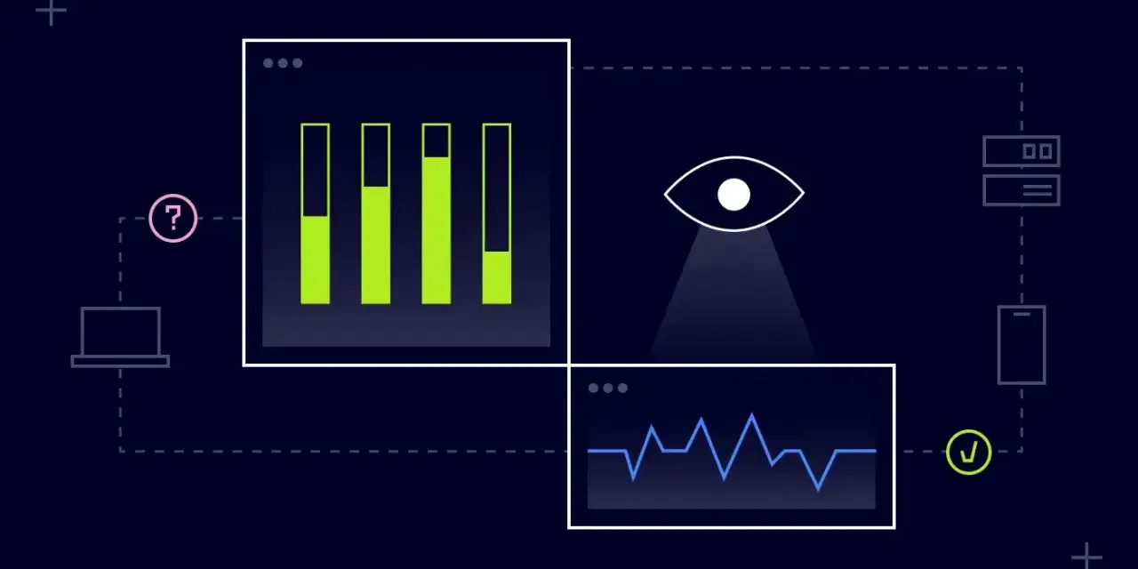 Visualizing security monitoring definition: an eye watches data streams, showing graphs and network activity, with devices and a checkmark indicating system health.