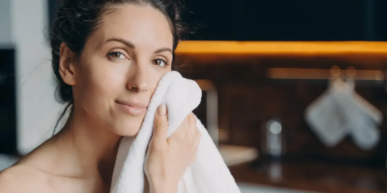 Une femme se sèche le visage avec une serviette. Elle a une peau radieuse, peut-être grâce aux 10 aliments bon pour la peau.
