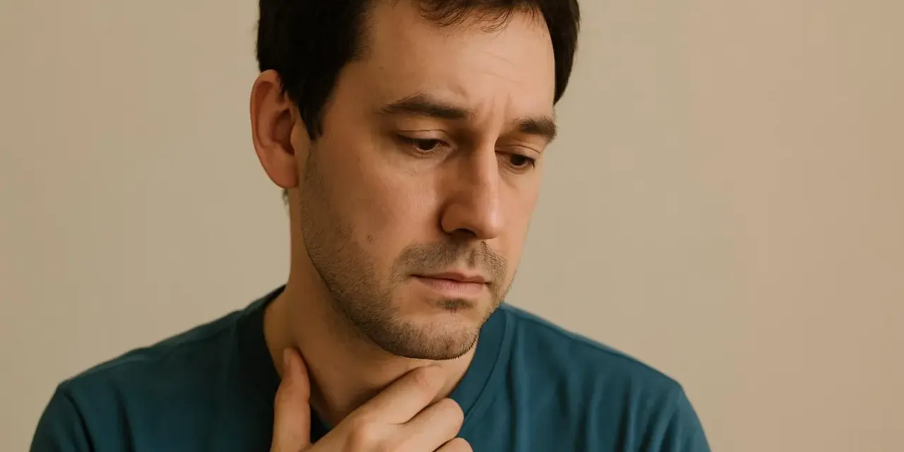 Uomo pensieroso, con mano sul collo, sembra voler evitare lo sguardo, significato di introspezione o disagio.