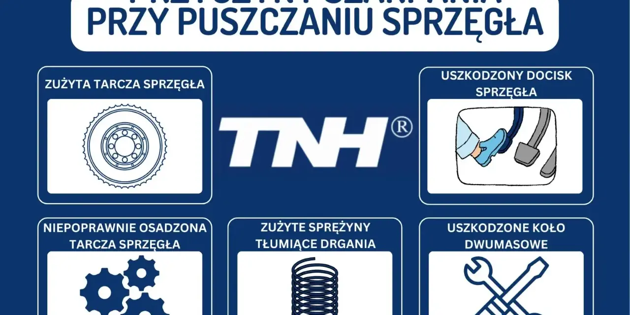 Przyczyny szarpania przy puszczaniu sprzęgła: zużyta tarcza, uszkodzony docisk, niepoprawnie osadzona tarcza, zużyte sprężyny, uszkodzone koło dwumasowe.