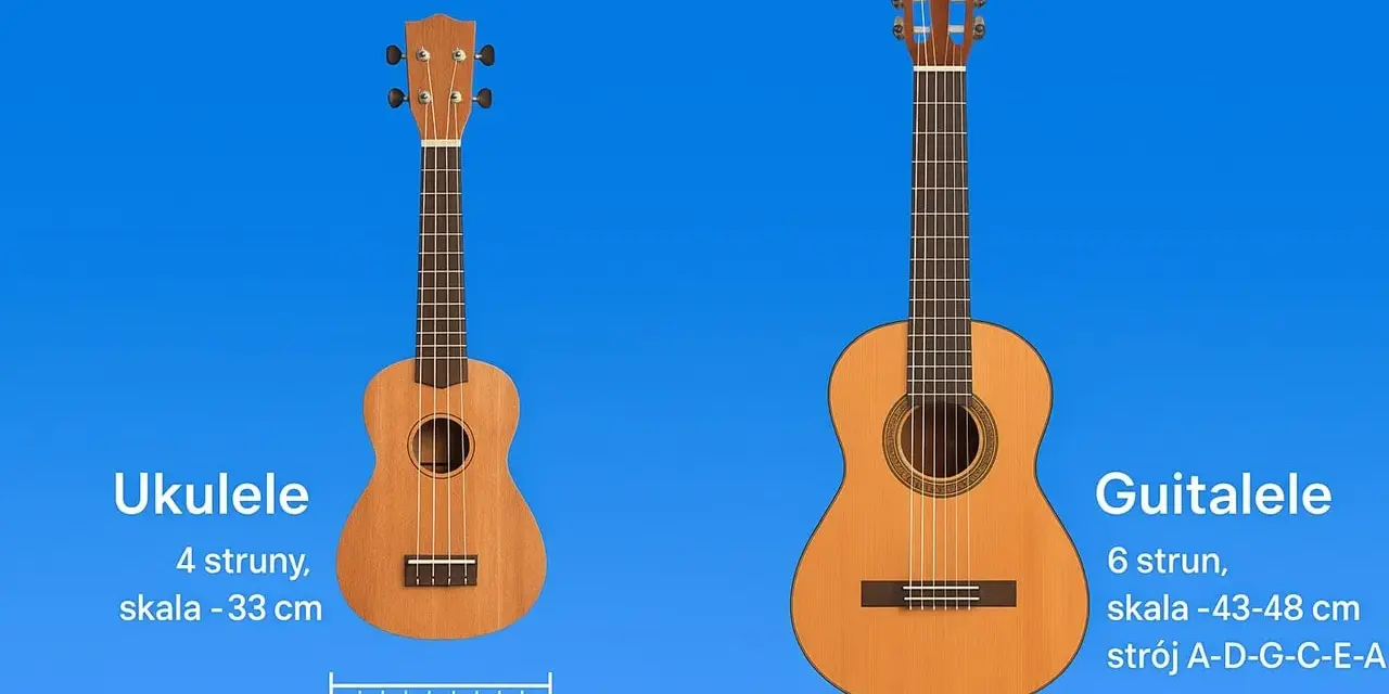 Ukulele i guitalele obok siebie, porównanie menzury w gitarze i ukulele.