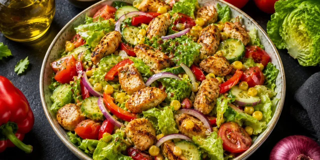Pyszna sałatka z mix sałat, grillowanym kurczakiem, pomidorami, ogórkiem, papryką i kukurydzą. Idealna na lekki posiłek.