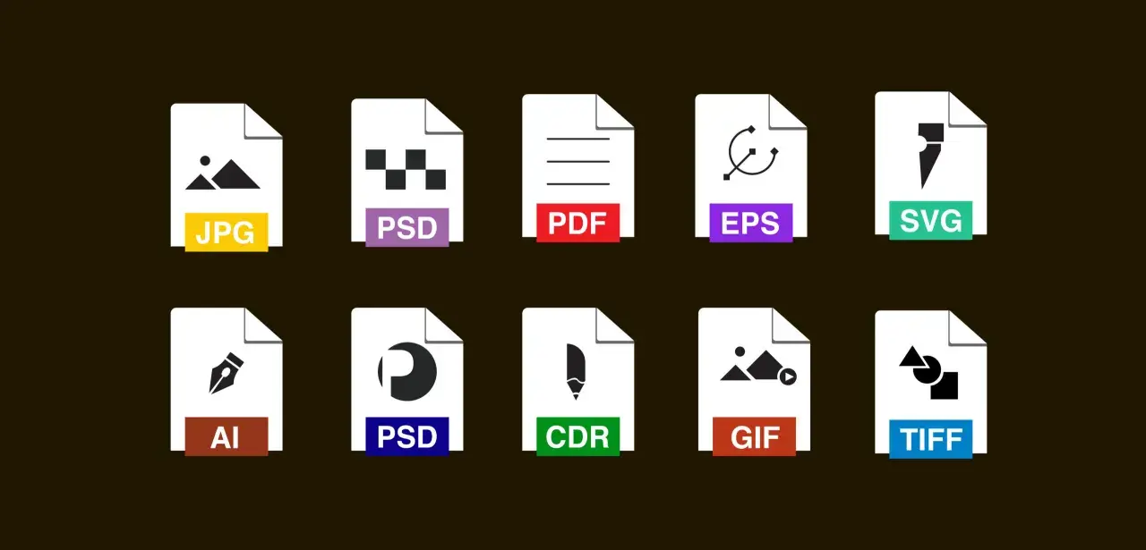 Ikony plików: JPG, PSD, PDF, EPS, SVG, AI, CDR, GIF, TIFF. Wybierz odpowiedni format do druku dla swoich projektów graficznych.