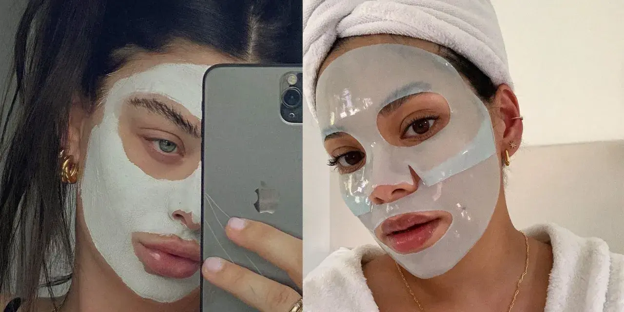 Due immagini affiancate: una donna con maschera viso bianca e un telefono, l'altra con maschera in tessuto e asciugamano in testa. Attenzione, le maschere viso scadono!