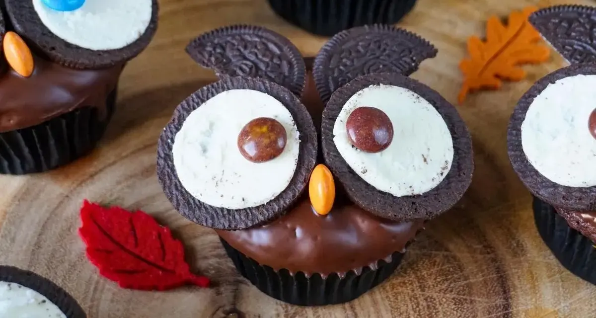 Niedliche Eulen-Muffins mit Schokoglasur, Oreo-Augen und bunten Smarties – perfekt für einen Kindergeburtstag!