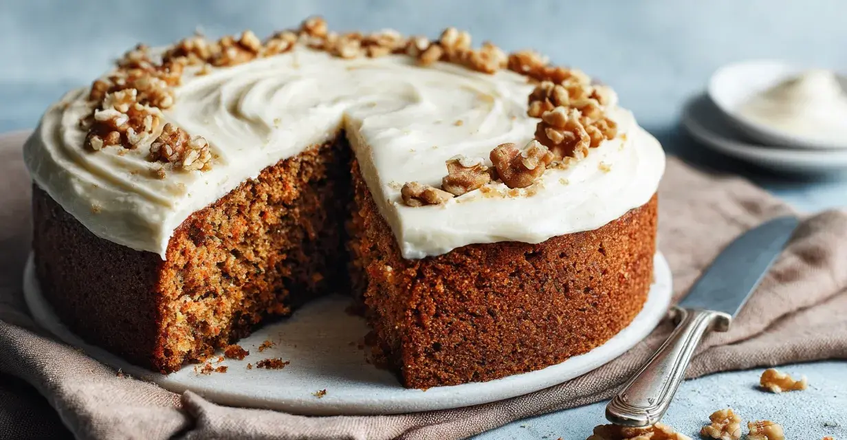En saftig morotskaka med krämig frosting och valnötter, perfekt för ett gott morotskaka recept.