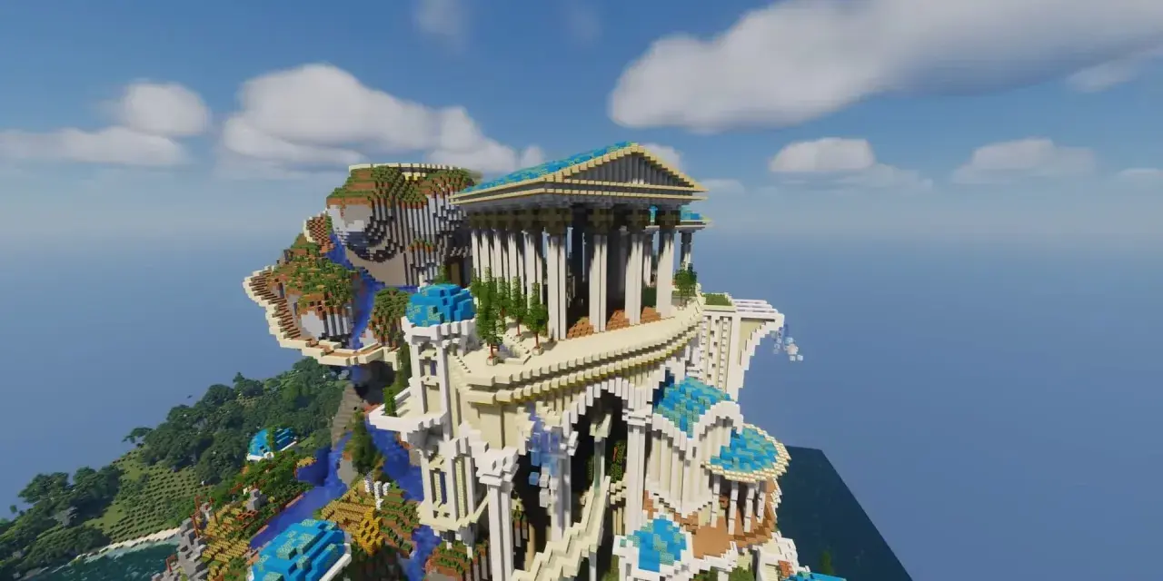 Majestatyczne budowle Minecraft na klifie, przypominające starożytną świątynię z niebieskimi kopułami i wodospadami.