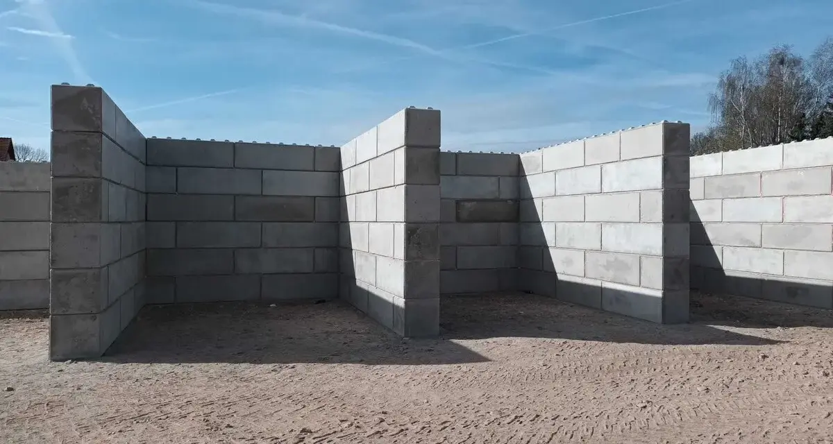 Budowa muru oporowego z betonowych bloczków na piaszczystym podłożu.