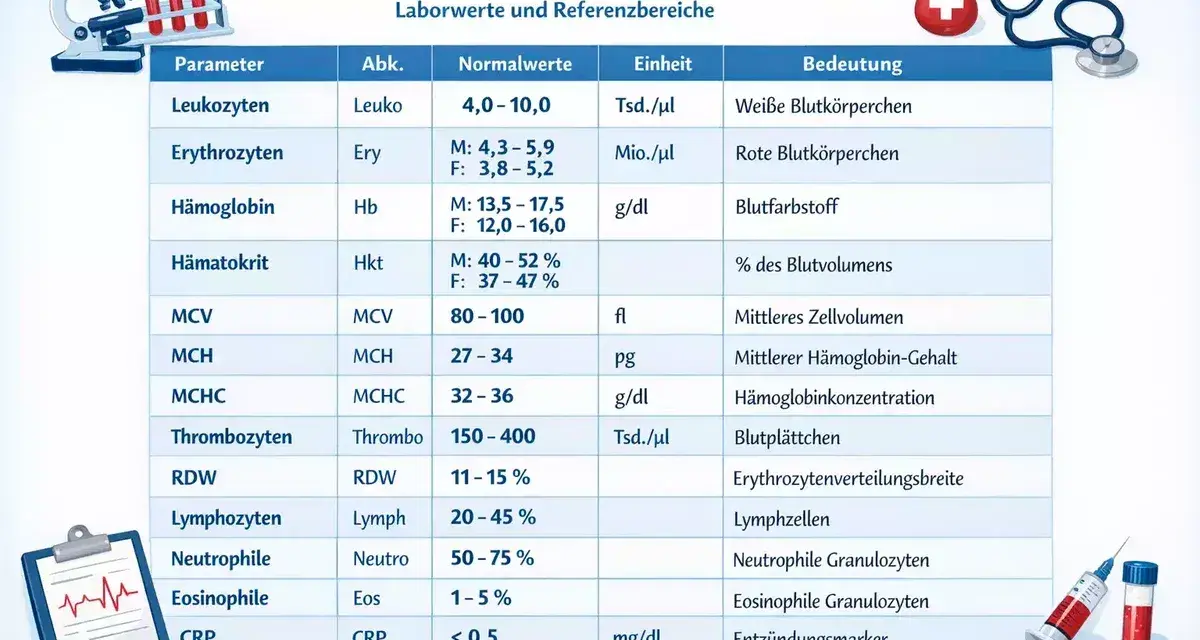 Blutbild-Tabelle: Erythrozyten wert (rote Blutkörperchen) mit Normalwerten und Bedeutung. Laborwerte für ein Blutbild.