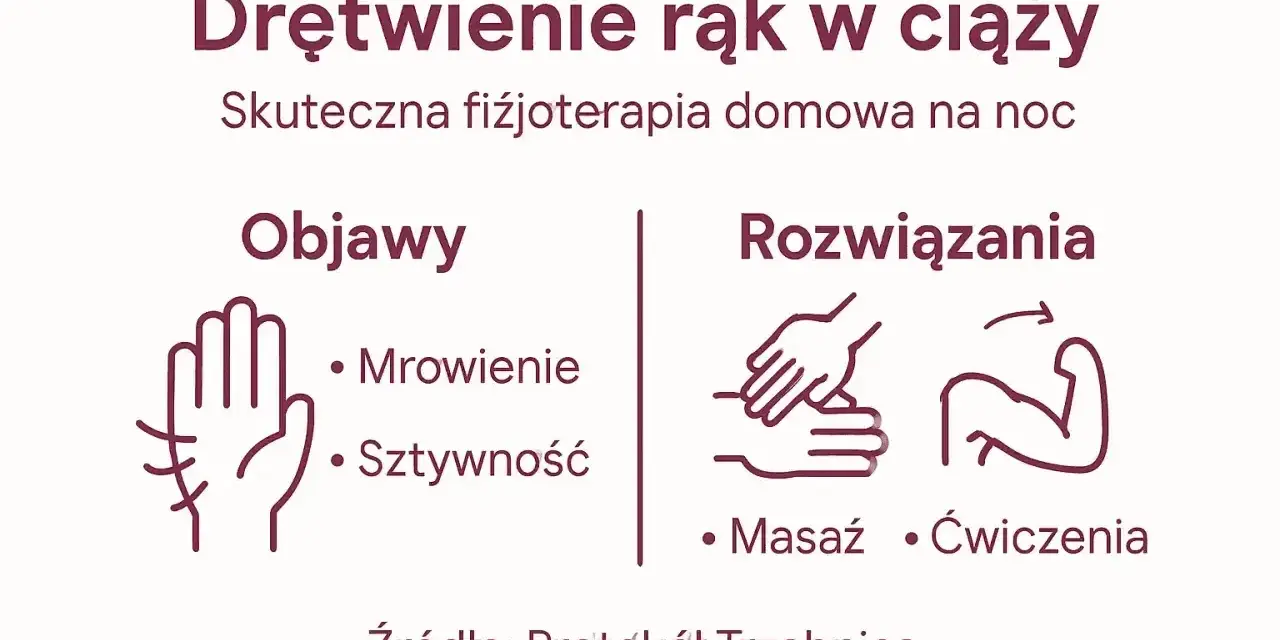 Ilustracja przedstawia objawy i rozwiązania drętwienia rąk: dłoń z mrowieniem i sztywnością, masaż i ćwiczenia.